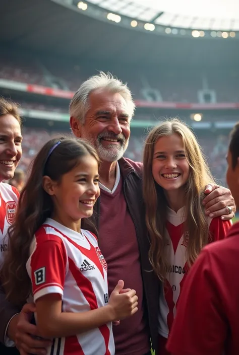 Grandma and grandpa with their two brunette granddaughters in the soccer stadium with a Soielder team 1860 in Munich 