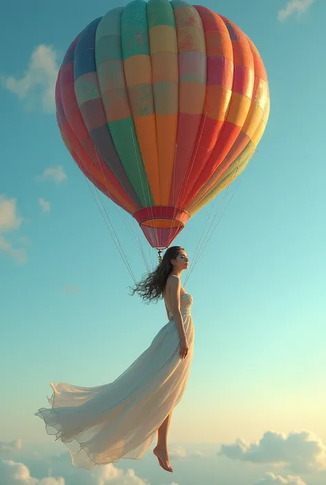 A slim actress inside a colorful balloon, floating gently in the sky.