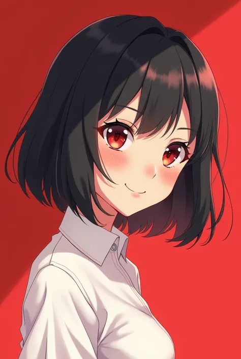 1girl, black hair, blush, looking at viewer, red background, red eyes, shirt, short hair, simple background, smile, solo, anime screencap, (+djor:1.2), in full growth