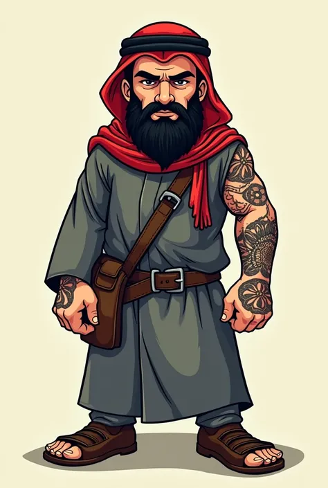 Create a vectorized image with the cartoon animation style, of an Arab terrorist with a beard and with his original clothing and with his left arm tattooed in the Japanese blackout style