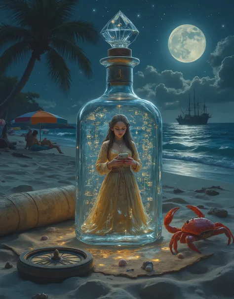  A stunning, crystal clear quartz bottle adorned with ancient, mystical inscription, resting on pristine beach sand, as a resplendent tiny female genie, clad in an intricately embroidered, golden Middle Eastern gown, emerges from within, her eyes fixed int...