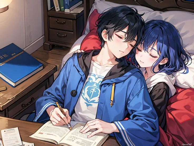 A wizard man with dark blue hair is sleeping on a messy bed tired from studying