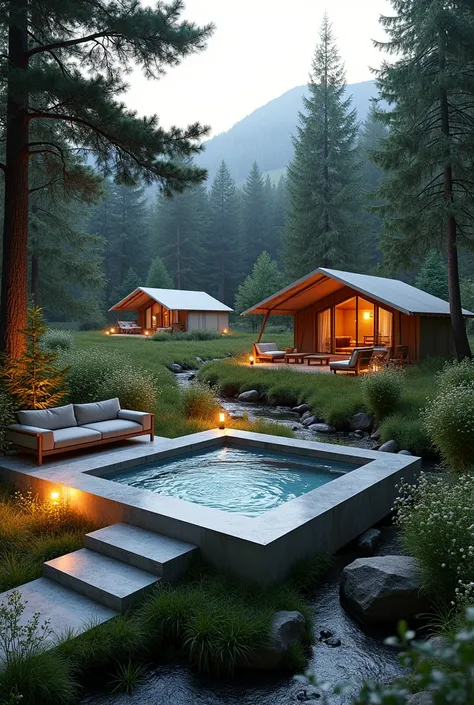 Square jacuzzi surrounded by nature next to a glamping site