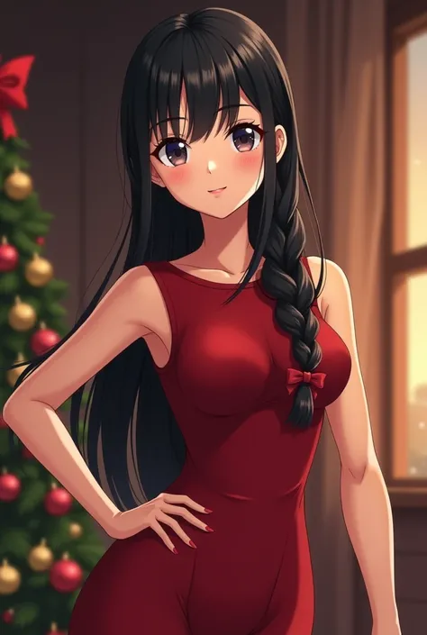 (anime) 28 year old woman, Mauve eyes ,  with some gray sparkles . Long black mane ,  held by a braid .  big breasts, slender.  With a dress for a casual Christmas party with a round neck.  Full body , with t heels 
