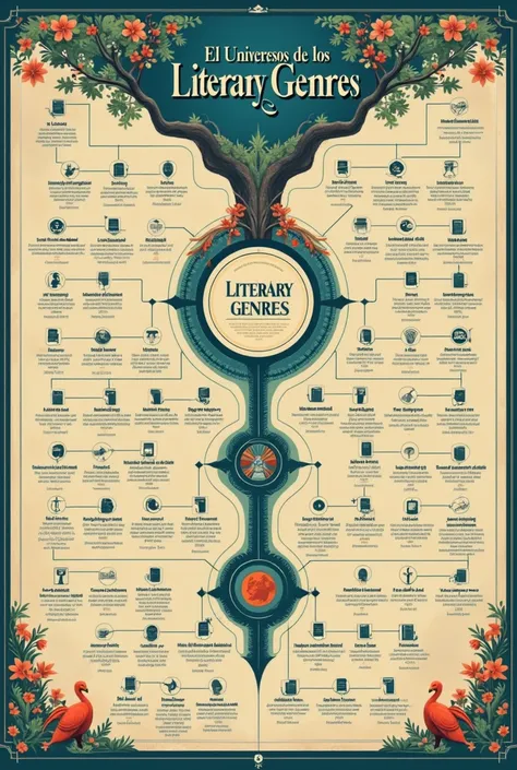  Main title : "El Universo de los  Literary Genres "
 *  Central trunk : " Literary Genres "
 * Main Branches:
   * Poetry (with sub-frames : Lyric, Epic, dramatic, experimental, etc.)
   *  Narrative  (with sub-frames : novel, Tale, Legend, novel corta, S...