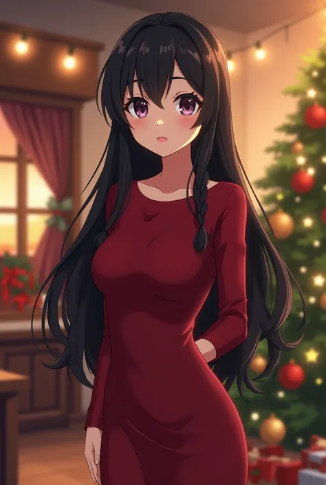 (anime) 28 year old woman, Mauve eyes ,  with some gray sparkles . Long black mane ,  held by a braid .  big breasts, slender.  With a dress for a casual Christmas party with a round neck, long sleeve.  Full body , with heels
