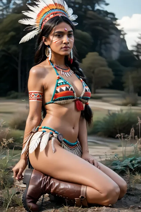 (Artwork,High Quality,Realistic,Ultra Realistic,Extra High Quality,Photorealistic:1.5),Perfect Medium Nude Breasts,Nude,Sensual Face,32DD,(((((Realistic Gorgeous 22 Year Old Native American Indian Woman Wearing Seductive Tribal Bikini And Wearing Boots))))...