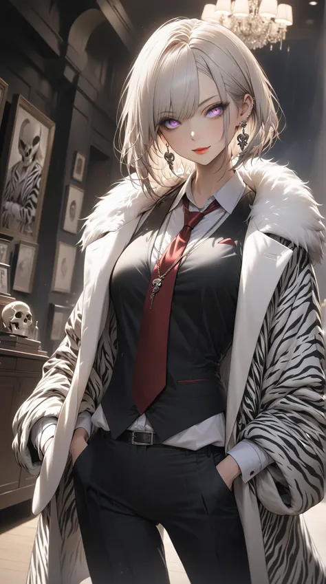 score_9, score_8_up, score_7_up, score_6_up, masterpiece, best quality, intricate details, 1girl, skinny, tall, bob cut hair (black and white highlight, zigzag pattern), earrings, old, mature, large fur coat (fluffy, zebra pattern), vest, red necktie, long...