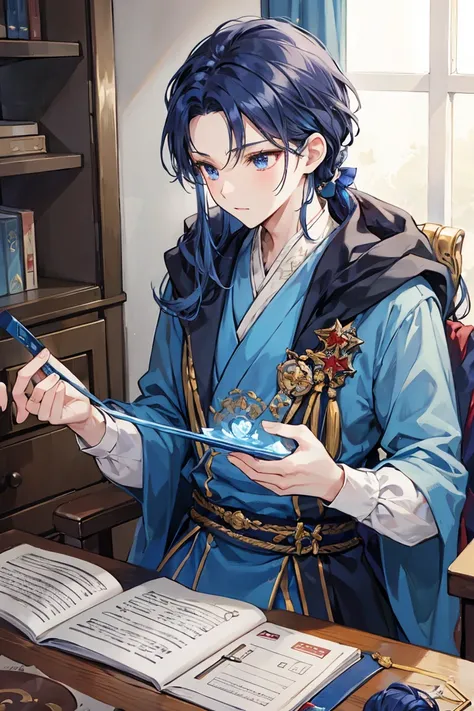 The prince has dark blue hair, 、 has a dignified expression, and 、Im doing magic training in a messy room