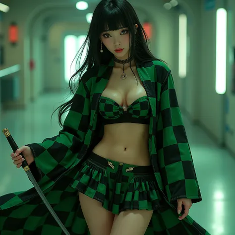 A very attractive realistic woman with a perfect figure , dressed as Tanjiro from Nights Watch  (  Demon Slayer ),  with a stylized and feminine touch .  She wears the iconic haori in green and black squares ,  adjusted to highlight her curvaceous figure ....