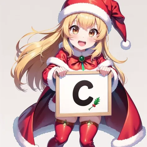 Smiling girl holding a board display , letters on the board "　Ｃ　",anime, santa costume