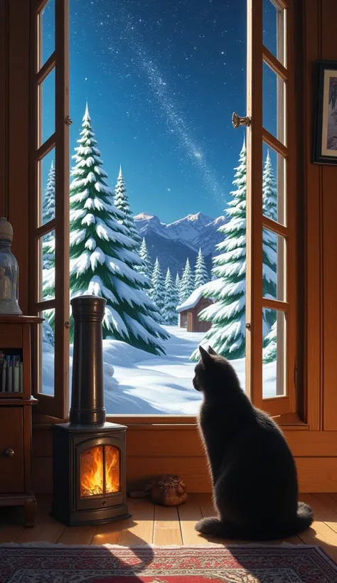 I need a Christmas card that combines Winter Fairy Tale and Home Comfort. To have a view from inside the house, a winter fairy tale in the window, Alf (A.L.F. Alien Life Form) outside and a beautiful black fluffy cat inside as well as a fireplace.