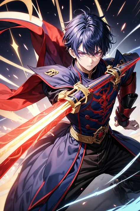 anime boy, young man, tall, neutral expression, dark blue hair, dark purple eyes with red centers, has super fighting abilities, cloth armor outfit, black outfit with blue trim, uses weapons Qi is a curved blade sword, beautifully patterned, red blade, yel...