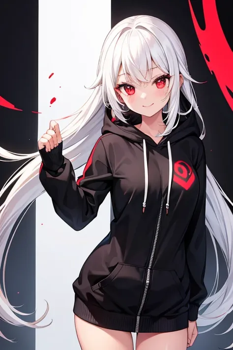  1 Beautiful Girl　Shows up to the waist　 long white hair　Red eyes　A cheerful smile　black and white hoodie