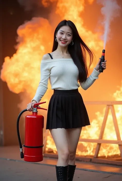 Beautiful woman do fire fighting 
Model: Japanese beautiful woman 22 years old, perfect figure with D-Cup breasts, sweet face with white skin, straight black long and shiny hair
Wearing white off-the-shoulder, long sleeve knitted blouse, black short pleate...