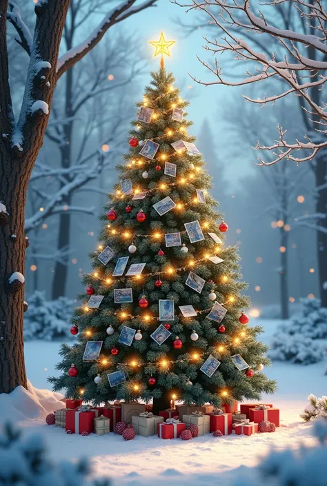 A beautiful winter landscape and a ChristA beautiful winter landscape and a Christmas tree decorated with postage stamps and postcards.mas tree decorated with postage stamps and postcards.