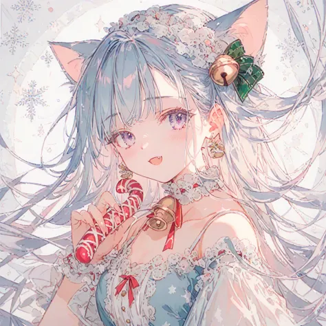 ((light blue_hair)), ((light blue_wallpaper)),  minimal flat style cartoon cat face pattern ,  adorned with vintage Christmas accessories such as small bells, classic bow,  Candy Canes .  lavender pastel color palette ,  antique gold , And soft coral . In ...