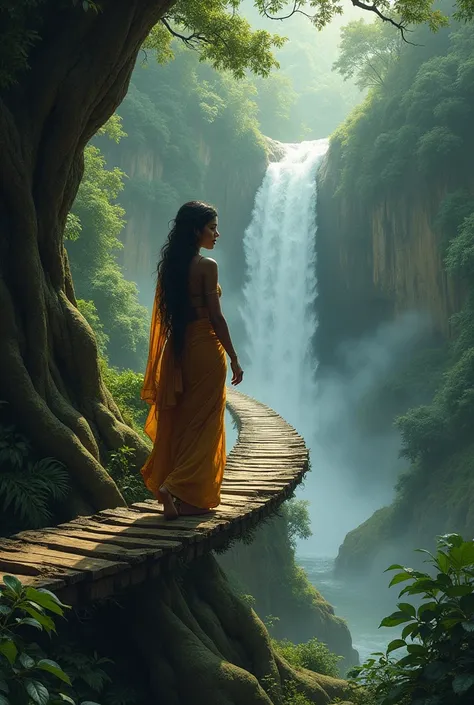  Girl dark Indian woman walks in the jungle across a footbridge that starts behind a tree in front of a waterfall, Who is on the left side of the picture .  The girl slowly walks over this footbridge on the left side of the picture 