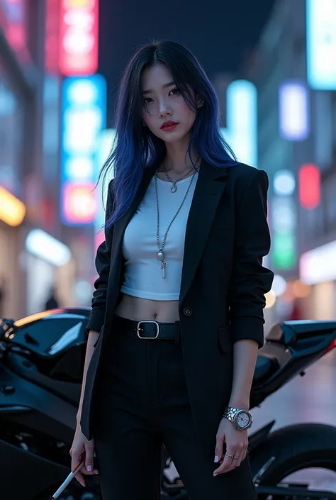 A tomboyish Korean girl with an edgy style, wearing a fitted white shirt, black blazer, and smooth black trousers. She sports a striking silver watch on her wrist. Her hair is styled in a long with a bold gradient of black and blue. She holds a cigarette c...