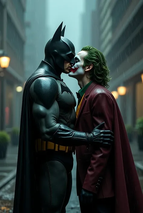 Creat Batman and joker kissing in the rain