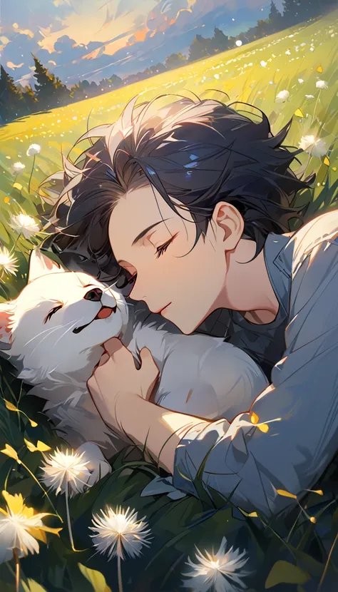 ((masterpiece), (best quality), (8k), (4k), (Solo), ((boy), (sleeping), (dark blue hair with red stripes)), ((Light blue shirt with long sleeve), (short pale brown pants with pocket)), lay down on the field, ((white puppy sleeping next to the boy), (siberi...