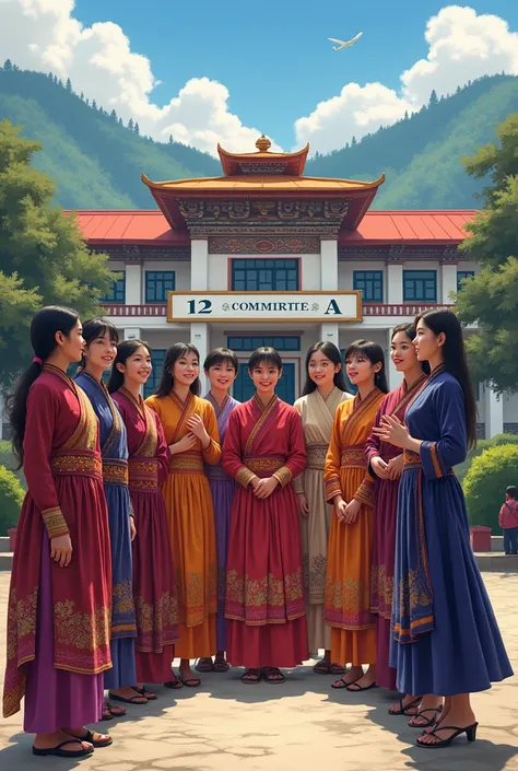 A group of high school students  right infornt of  a school wearing bhutanese national dress and the notice behind them " 12 COMMERCE A"