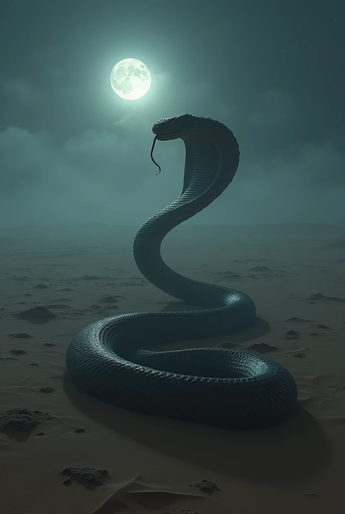 Giant viper snake in the desert, dark foggy night atmosphere,Very realistic, finest details, very natural, cinematic 