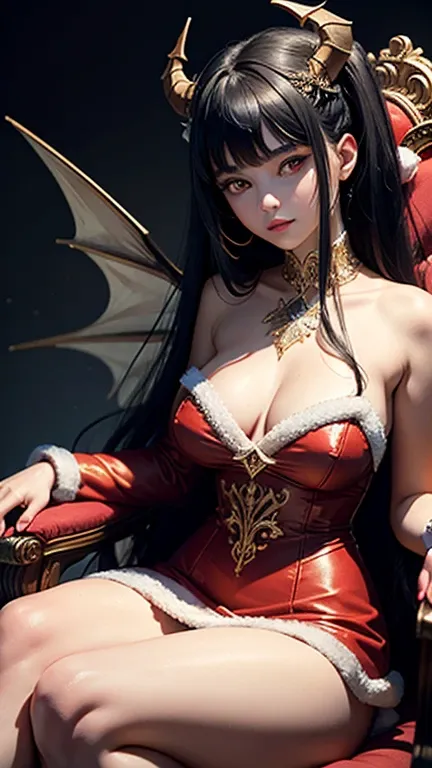 (masterpiece), (best quality), (detailed), light layer, lustrous skin, (intricate detailed , santa dress clothes, , demon wings, christmas hair ornament :1.2), black hair, black choker, long hair, hime cut, woman, blunt bangs, sidelocks, red eyes, (mature ...