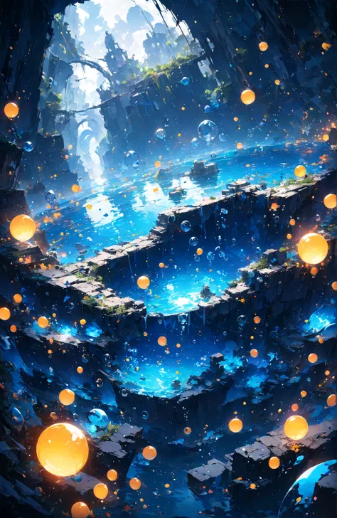 (( Amazing Absurdity)),超 high definition ,  attention to detail,  High Quality ,  high definition , 最 High Quality , 4K, 8k、Sunken Ruins、In the water、 surrounded by bubbles、Deep blue world、whole, Deep blue artwork 