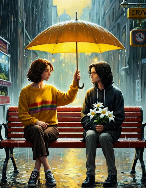 there is a painting of two people sitting on a bench in the rain, lgbt art, cyril rolando and goro fujita, by Cyril Rolando, cyril rolando and m. w kaluta, cyril rolando and m.w kaluta, lesbian art, dramatic artwork, in style of cyril rolando, undertale, u...