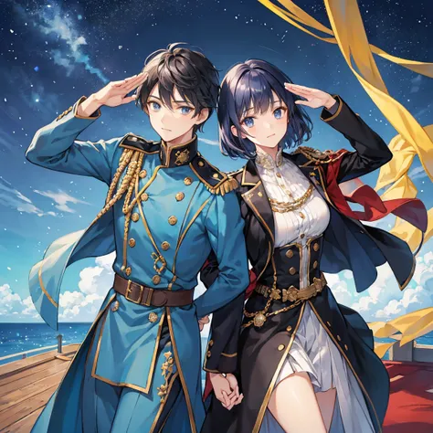 The prince has short dark blue hair and 、 is tall and has a dignified expression、Im wearing a military uniform and saluting each other on the deck of a warship