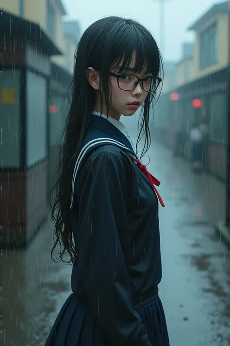 Create an image of a schoolgirl wearing glasses, white skin, standing in the rain, wet clothes