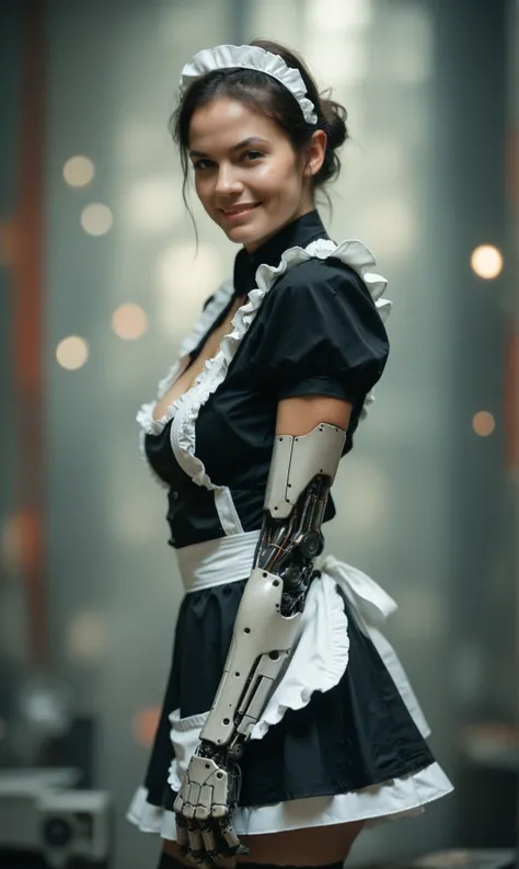 score_9, score_8_up, score_7_up, score_6_up, photo, realism, photorealistic, from side, sideboob, , cyborg, mechanical parts, dark hair, maid, cleavage, tactical maid, stockings with a belt, smirk, posing, looking at viewer, depth of field, bokeh