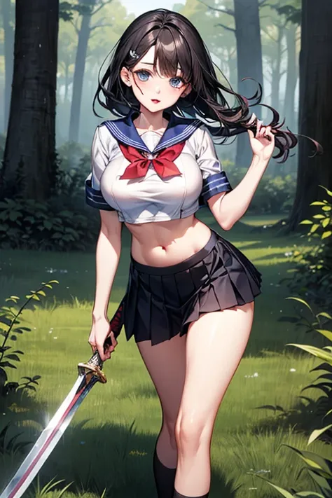 
最 high image quality, masterpiece, 4K,  high image quality,  super high resolution ,  of the prairie , CG drawing（ one cool adult female swordsman ） Hair、 black hair、 Hairstyle、、 straight。Bob。 split bangs 。Tall、 Slender、（Sexually、Attractive body）
 （ open ...