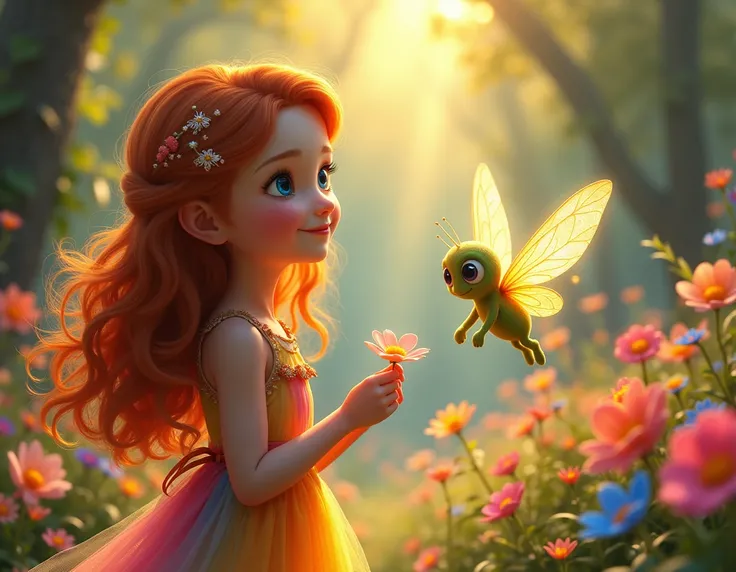 In a strange garden, a young girl of  with fair skin, rosy cheeks and long, wavy red hair stands in a colorful flowered dress. Her long, detailed eyelashes and expressive eyes sparkle with wonder. Her soft, full lips turn into a lovely, gentle smile. She h...