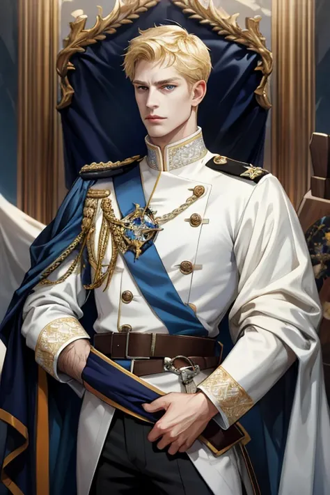 (absurdres,  highres icon, A highly detailed), 1 male, solo, mature, handsome, tall muscular guy, broad shoulders, complex details, Colored, highest details, fantasy, royal, Nobleman, Admiral, short hair hair, blonde hair, eyes blue, Fleet Commander, navy,...