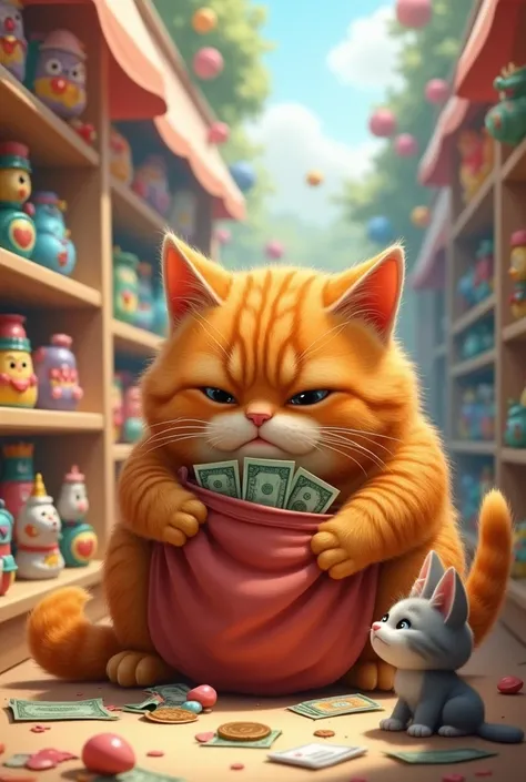 Scene 3: Chubby Cat Lost All Her Money
The chubby cat reaches into her little pouch to pay but gasps in horror—her money is missing! She frantically checks every pocket and her shopping bag.
Image Prompt: A distressed chubby orange cat sitting on the toy s...