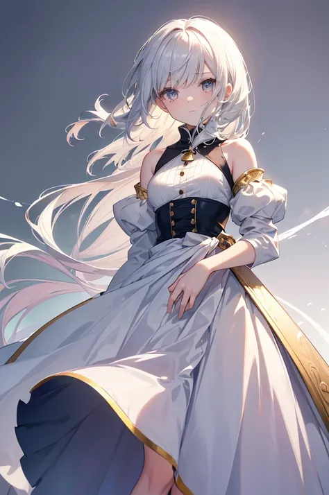 ((Masterpiece, Ultra High Quality, 8K, Anime Style, Mediaval Style)) A short, thin, small-breasted girl with translucent white skin, silver-gold eyes, and medium-length, loose, curly hair that was golden like gold flying in the wind.Her refined dress flows...