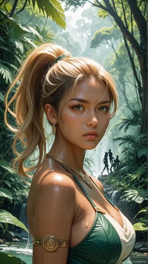 (1girl, anime style, UHD, best quality, dramatic, cinematic, masterpiece:1.5), (adorable mature face, strong expression, statuesque athletic body, ponytail hair, thick golden hair, tan skin, dirty radiant dark skin, detailed skin textures, anatomically cor...