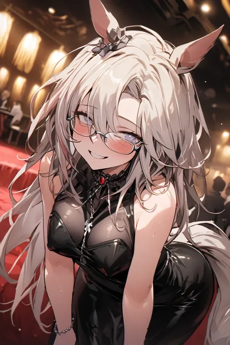 NSFW,masterpiece, top quality, high definition , very detailed,Dream Journey,Dream Journey(Horse Girl),Glasses,Two-tone hair,(Prostitute), tight dress,Chest cut-in, party venue , playful smile 