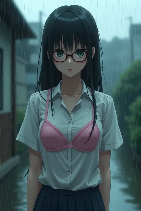 Create an image of a schoolgirl wearing glasses, white skin, standing in the rain, wet clothes, white school shirt attached to her body, seeing a pink bra.