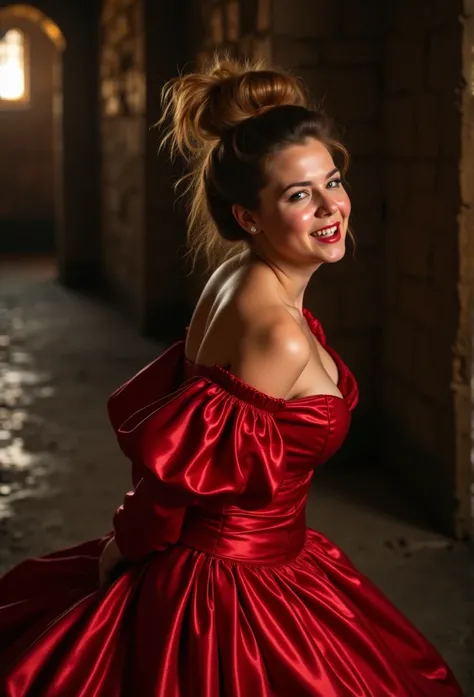 (realistic photograph close up victorian) (sideways birds eye view)++, (a big bust slender waist pleased beautiful orgasm looking kneeling hot lady with (messy hair bun)), (she is wearing (an exaggerated elaborate shiny red silk high closed round neck dres...