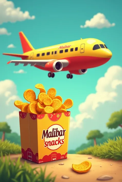 a cartoon style Flight branded With "Malabar snacks" is flying around all the states in India and its dropping the gift box with Malabar snacks Banana chips paper craft standing pouch the Malabar snacks is regionally based in Kerala and its traveling all t...