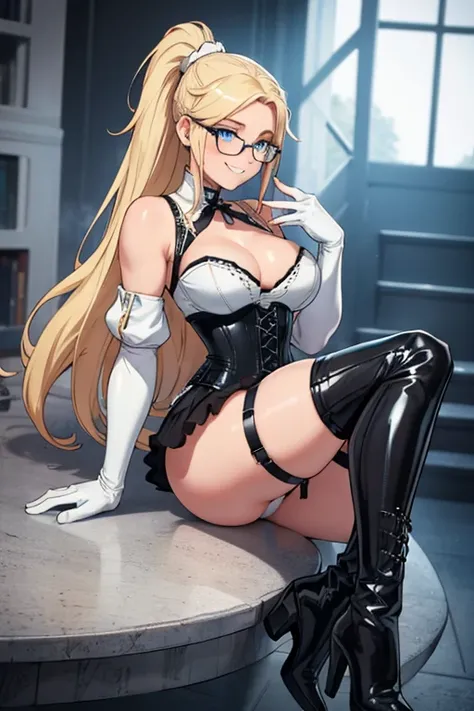 female, long blonde hair in a ponytail, blue eyes, (((1girl))), (((white leather corset))), (black straps), (white panties), (black fingerless opera gloves), (black thigh high heeled boots), (glasses), cute and sexy, full body, modest breasts, long legs, s...