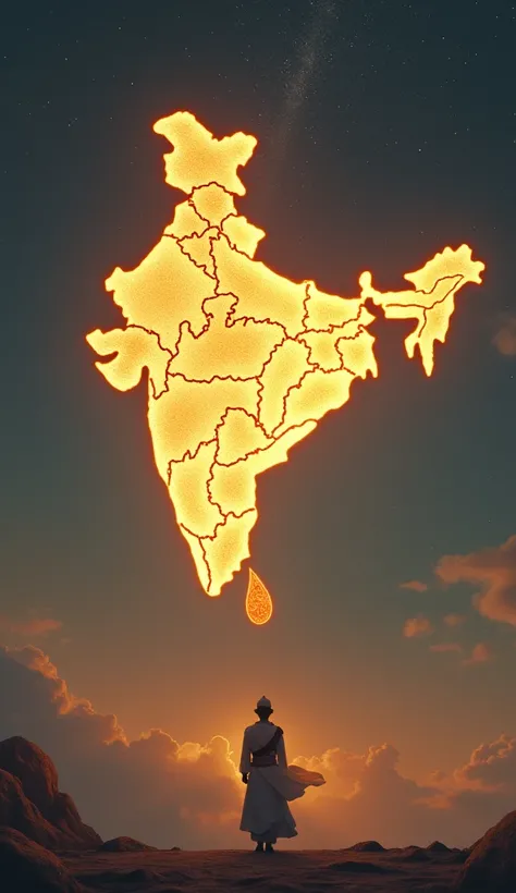 Tipu Sultan’s dream of a free India visualized as a glowing map of India in the sky above him.