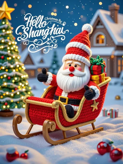 Woolen yarn, hand woven, Micro Landscape, A vibrant CGI Christmas scene. There is a shiny logo on the screen with white letters that read Hello ShangHai. Santa Claus happily sat on a golden sled filled with gifts,Flying in the sky. The house behind him and...