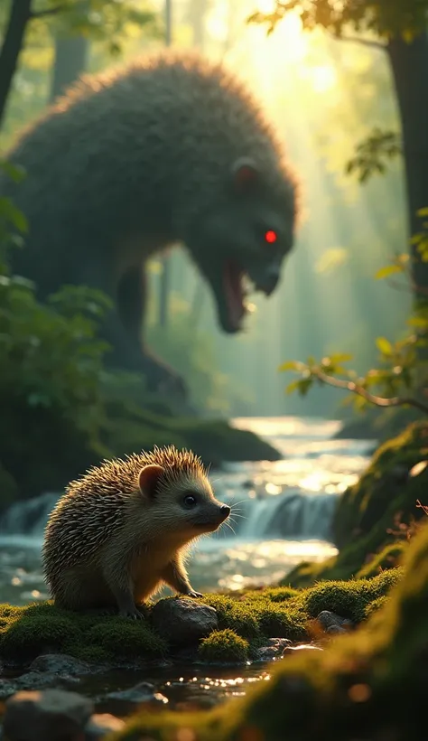 In cinematic 3D style, HD image, colourful image, realistic image,
Character, a small and realistic hedgehog faces a massive.
Action,There is a beautiful dark green forest, inside it, the light of the beautiful sun is coming out, a river is flowing, in the...