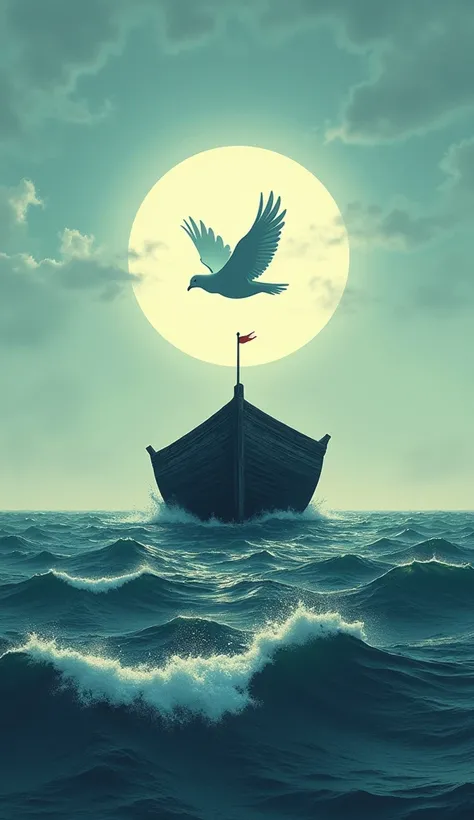 1Noahs Ark(wooden) drifting in the huge ocean , no lands at all, the shadow of a dove with an olive leaf in the sky above in Backlighting of the sun, mythology, focus on the dove, minimalism,from below