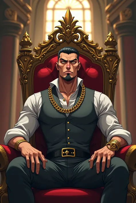 01 Man, strong, thin face, gloomy look, goatee, thin and poty-thick sombrancels, short hair, smooth hairstyle back, large chops, evil smile, grey vest, gold chains on the neck, gold bracelets, black belt on the waist, sitting on a throne in the Palace, rea...