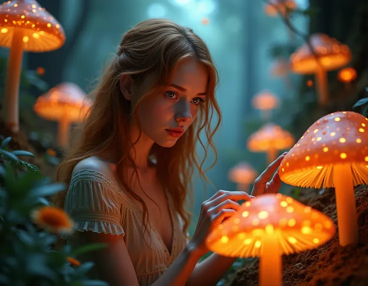 Alice, with fair skin and wavy red hair, walks through a vibrant mushroom forest. Her eyes and curious expression are illuminated by the soft, warm light of bioluminescent mushrooms. She pauses to look directly at the camera, her hand gently touching a glo...